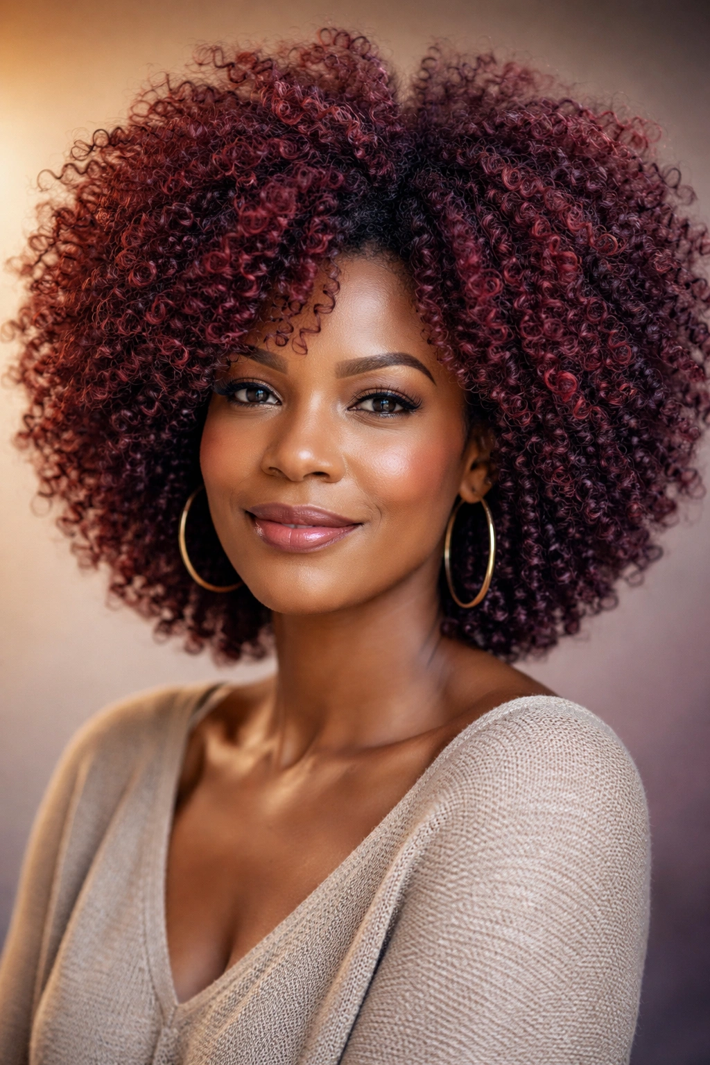 Colored afro with deep burgundy hue showing color depth