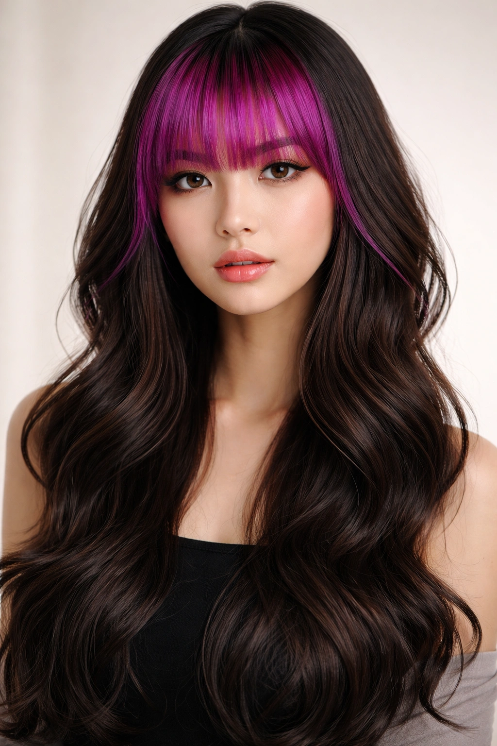 Portrait of a wavy hime cut with bold colored bangs