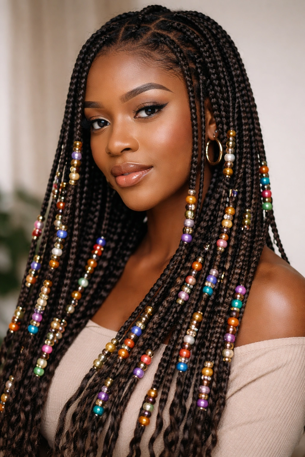 Box braids with colorful beads along the length