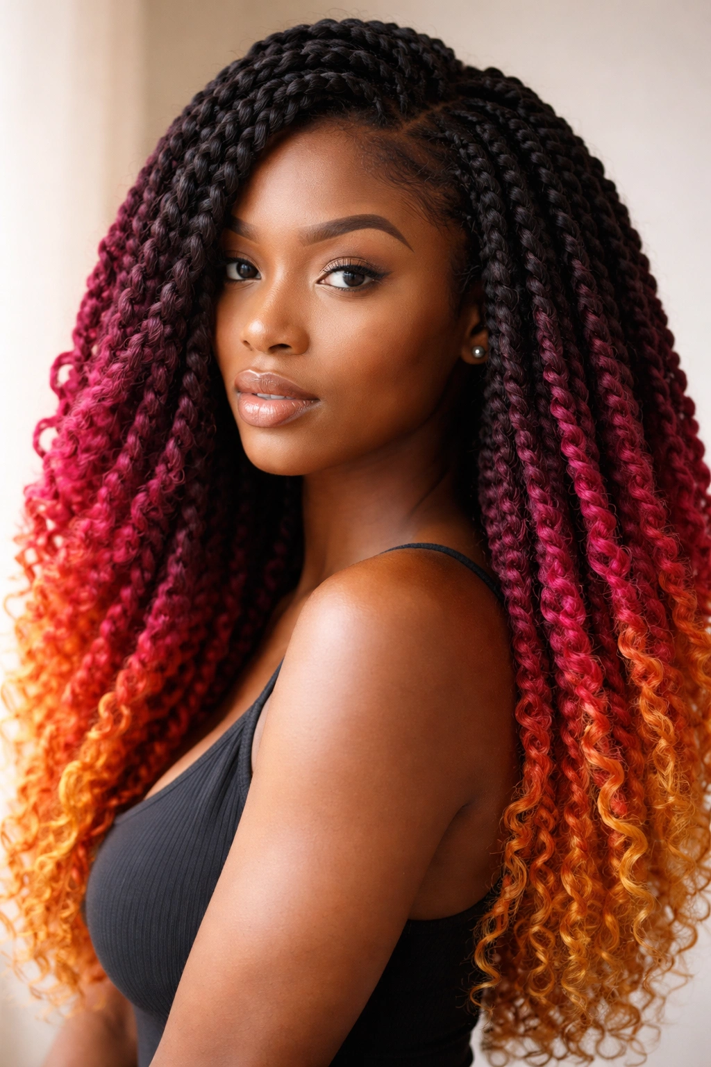 Head with ombre colored crochet hair showing gradient from dark roots to light ends