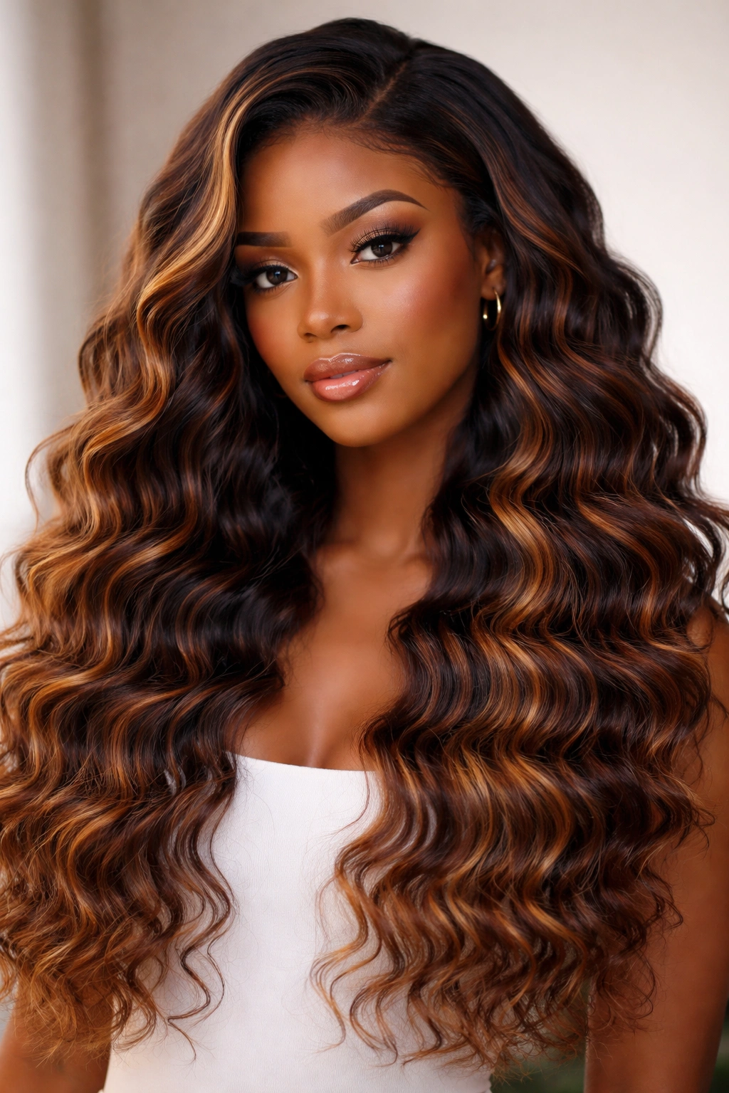 Close-up of a colored deep wave wig showing color dimension and texture.