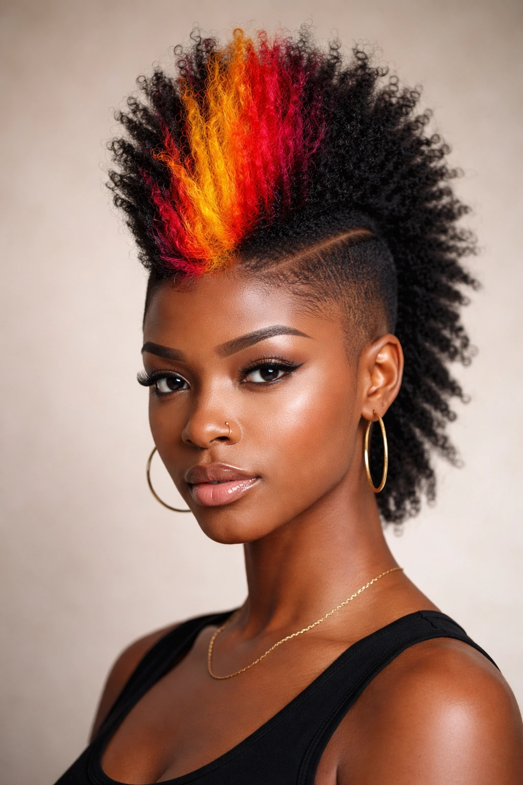 Frontal portrait of colored center Mohawk stripe with natural side hair
