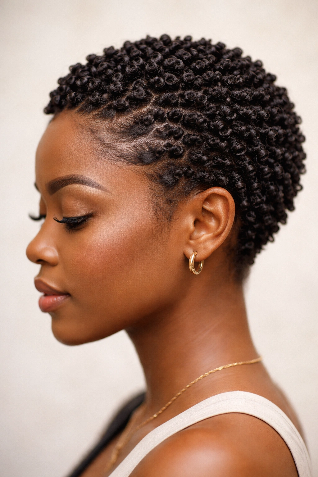 Close-up of tiny spiral comb coils on scalp