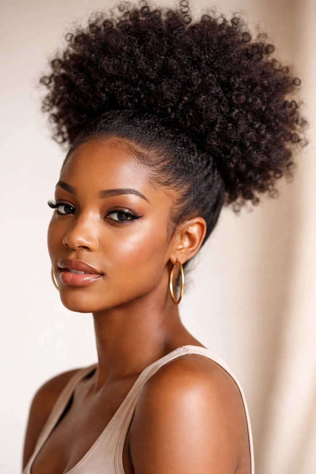 Close-up of a voluminous high puff highlighting curl separation on natural hair