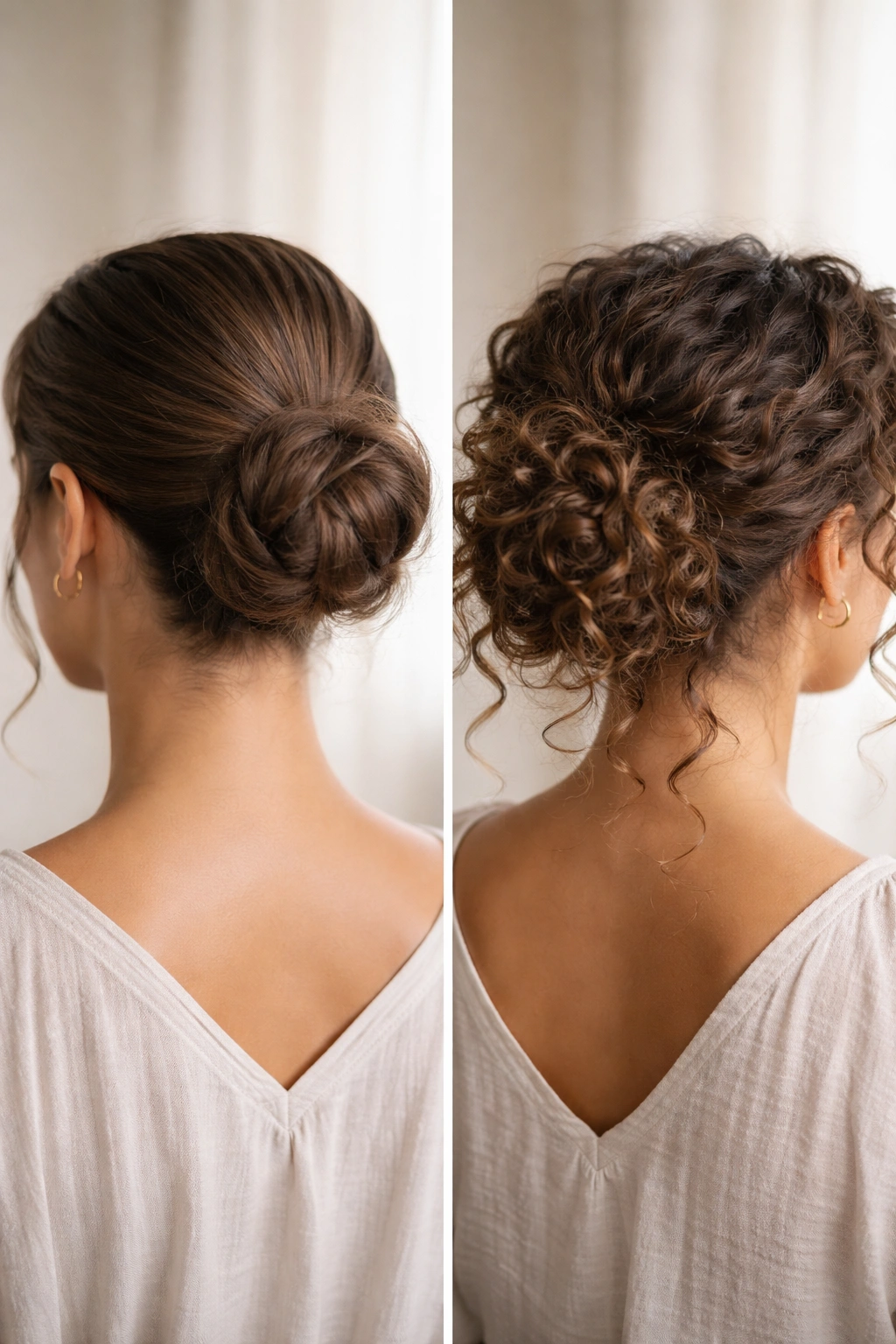 Low curly bun showing common mistakes like over-smoothing and tightness