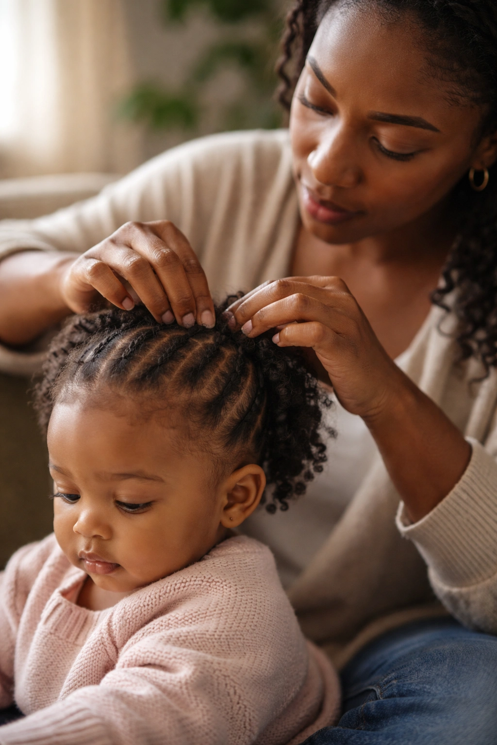 Close-up of a caregiver braiding a baby's natural hair with confidence and care.