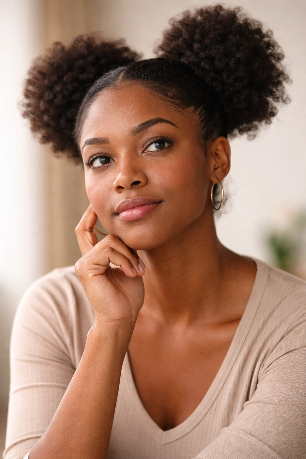 Contemplative portrait in a calm studio setting