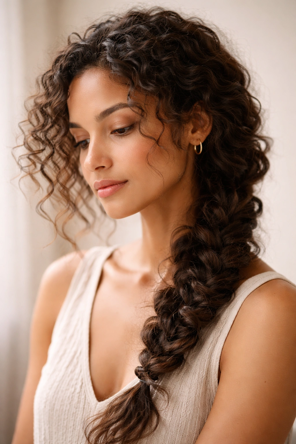 Contemplative person with braided curly hair, softly lit to emphasize texture