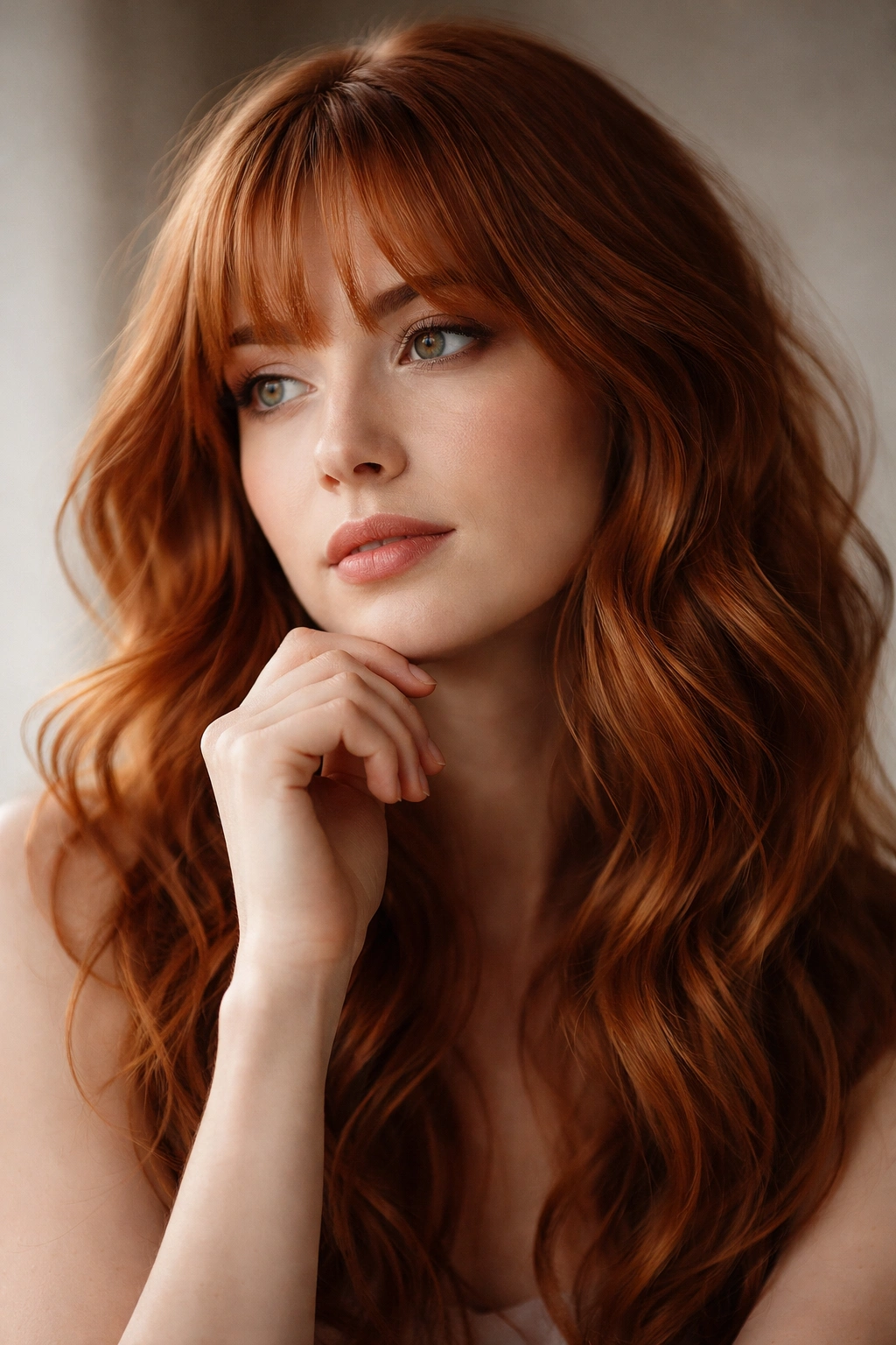 Contemplative portrait with soft wavy ginger hair and a thoughtful expression