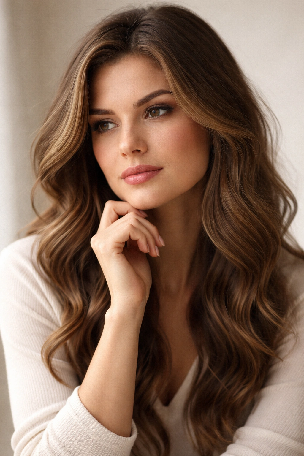 Contemplative portrait in a neutral studio backdrop