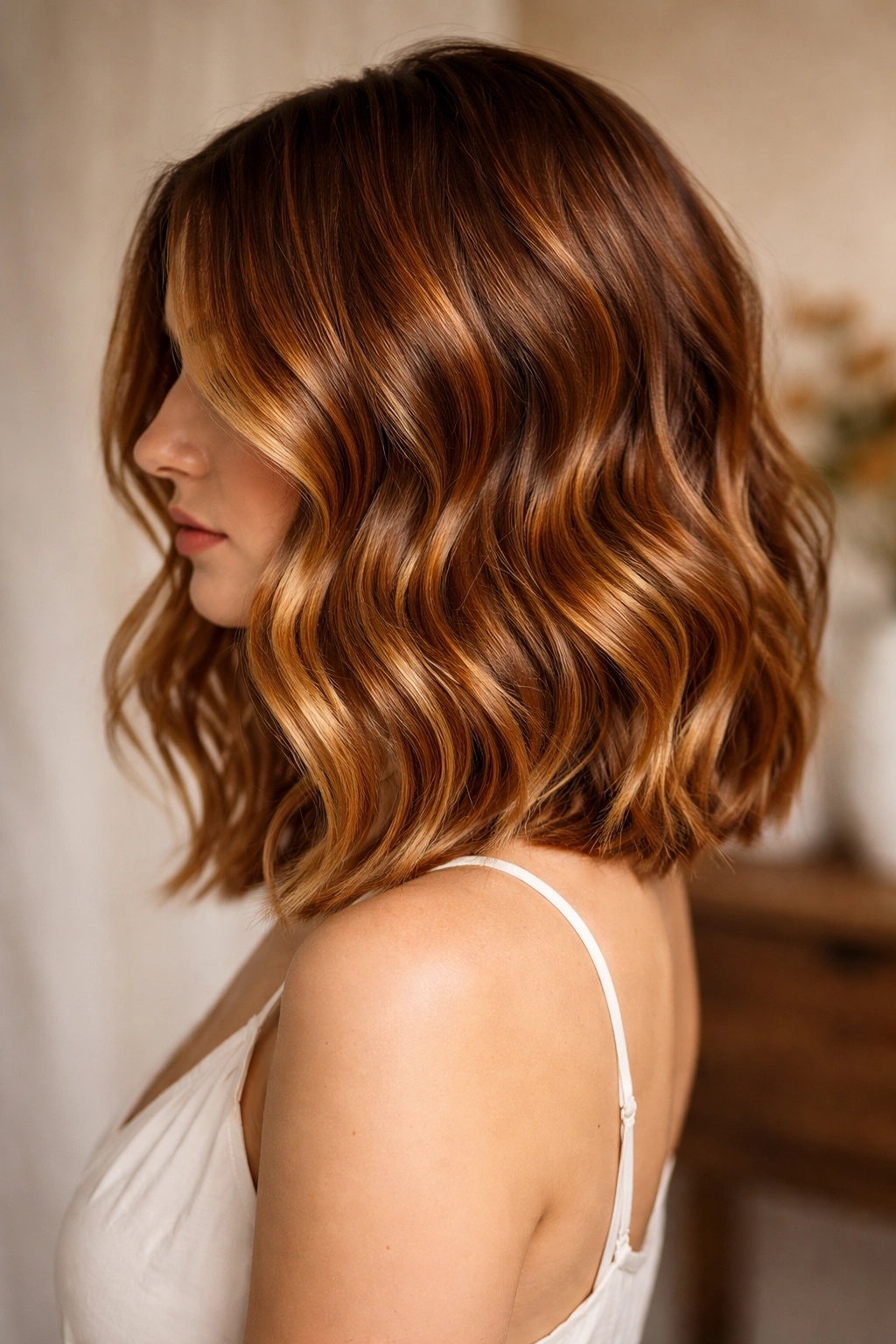 Copper balayage lob with hand-painted highlights and soft waves