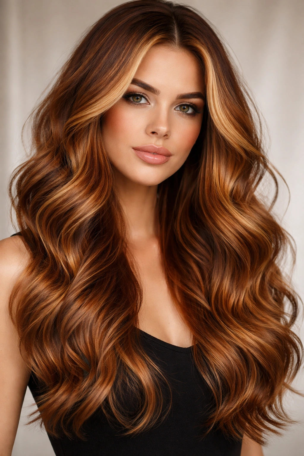 Portrait of bronde copper dimensional waves with face-framing highlights