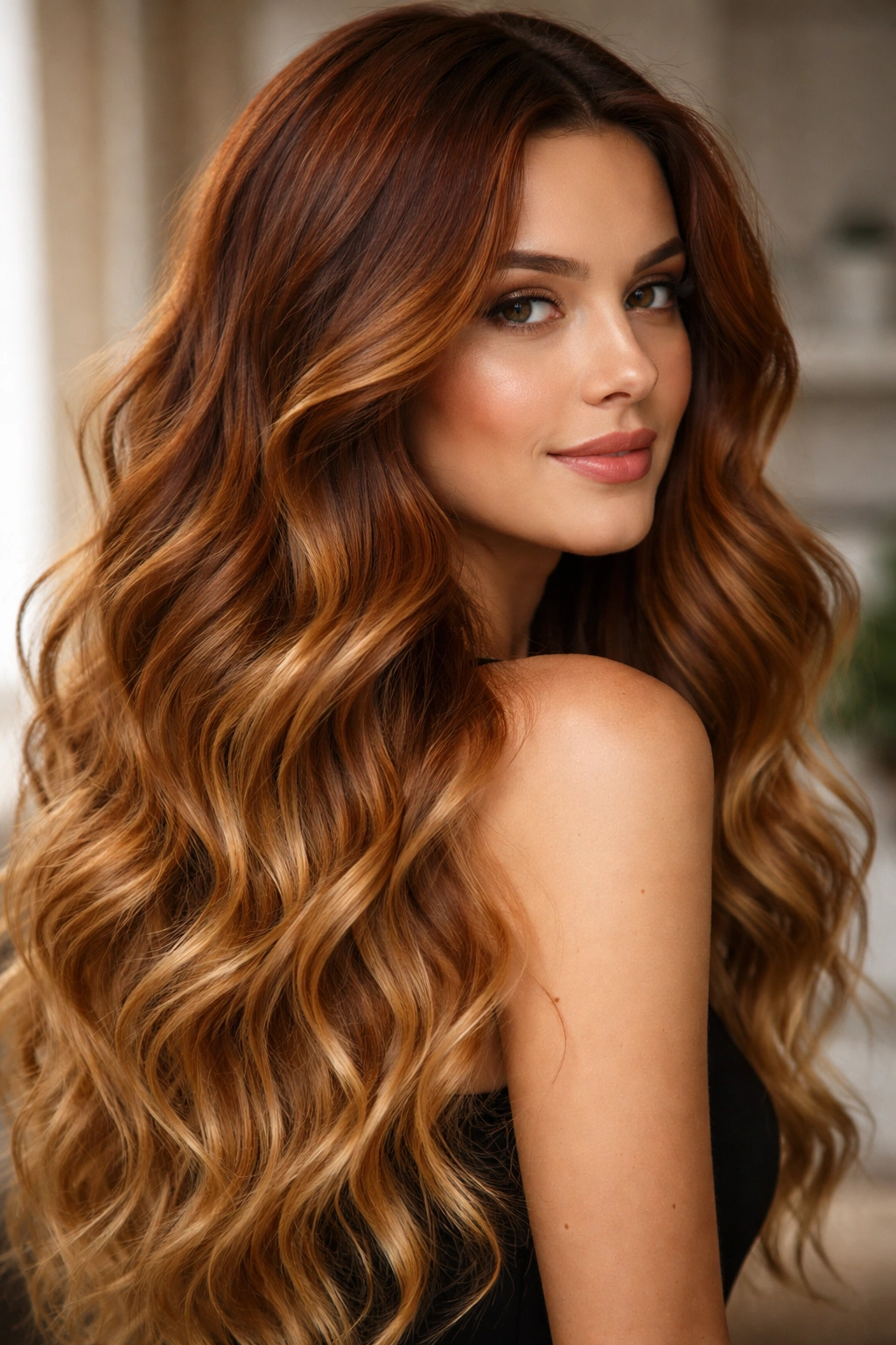 Close-up of wavy hair with copper-to-caramel ombre in warm natural light