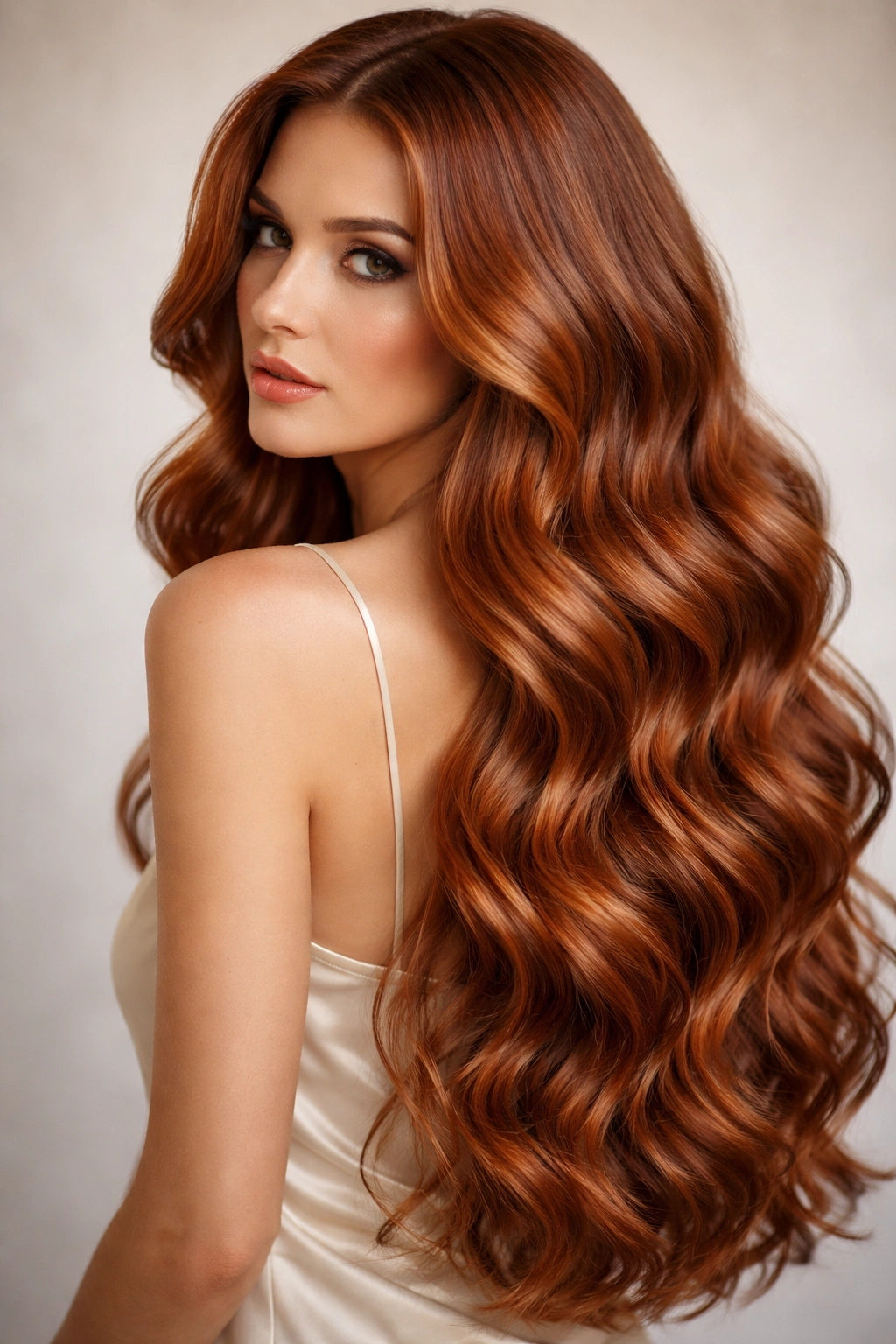 Close-up of long copper mermaid waves with dimensional highlights