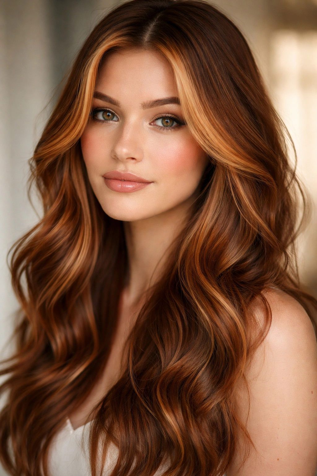 Portrait focusing on copper money piece waves with brighter face-framing pieces