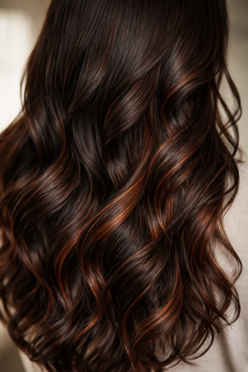 Warm chocolate hair with copper peekaboo highlights in long waves