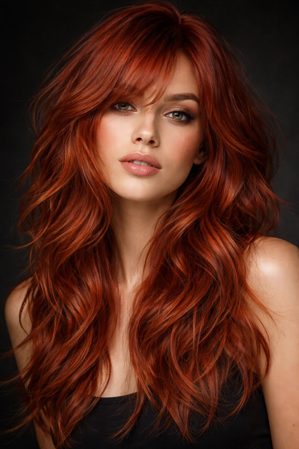 Copper red hair with layered choppy texture.