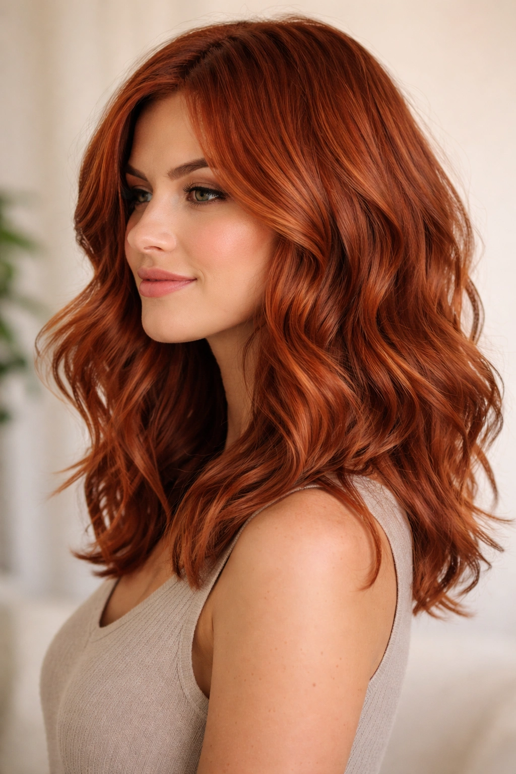 Shoulder-length copper red waves with visible textures and layers.
