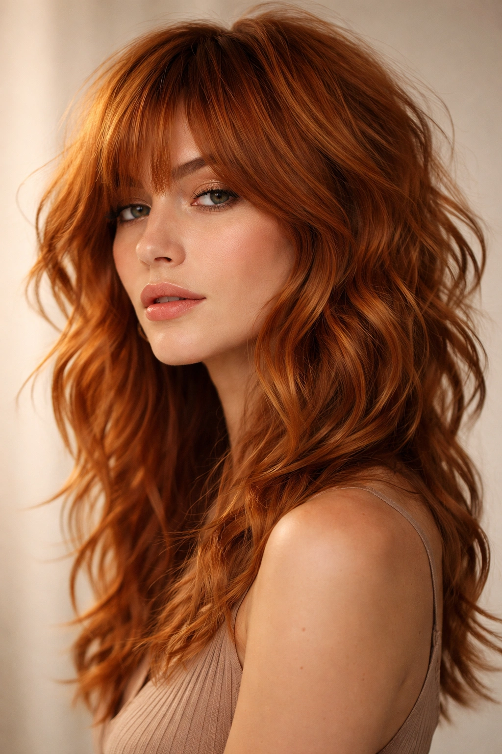 Close-up of copper shag with textured waves and short crown layers