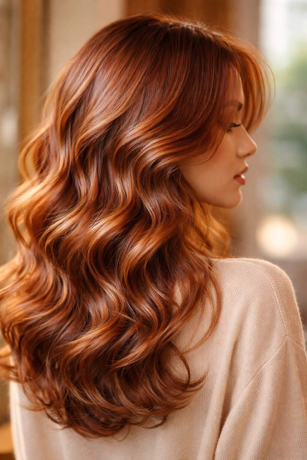 Hair with copper-toned perm waves catching warm light