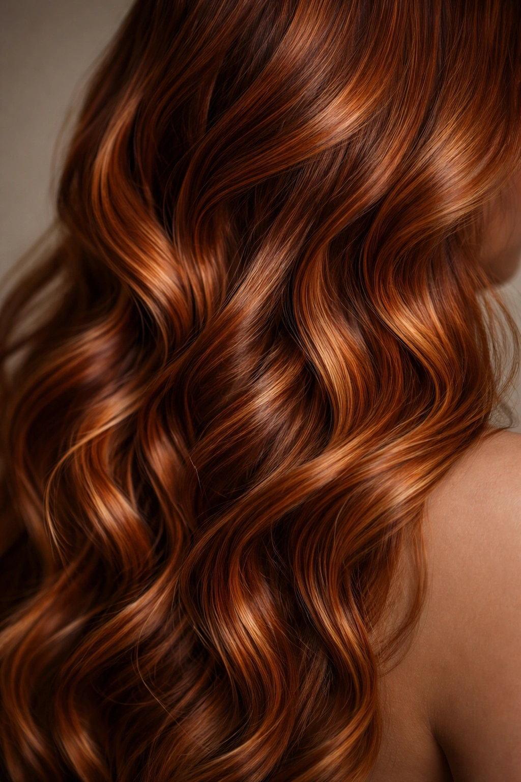 Close-up of copper wavy hair with dimensional highlights