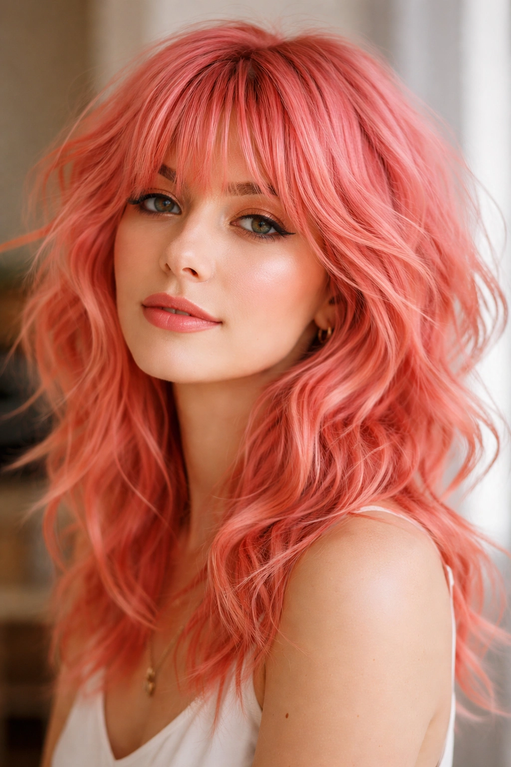 Close-up of coral pink wavy shag hairstyle with textured layers