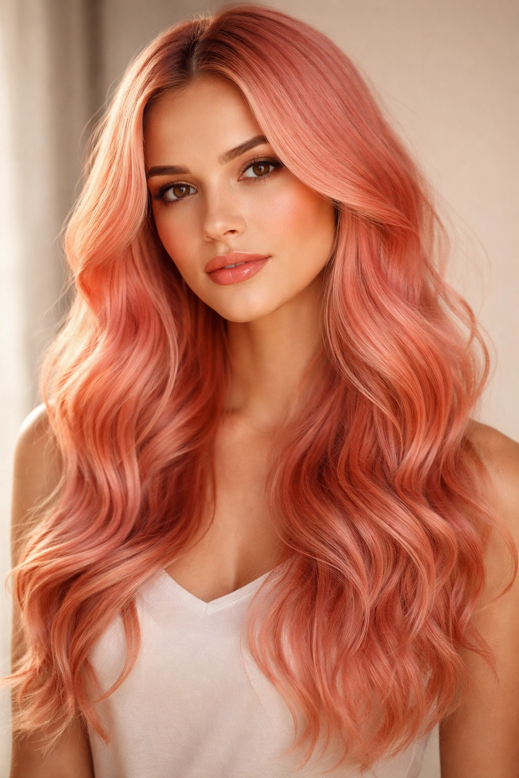 Close-up of coral pink hair with warm undertones and soft lighting