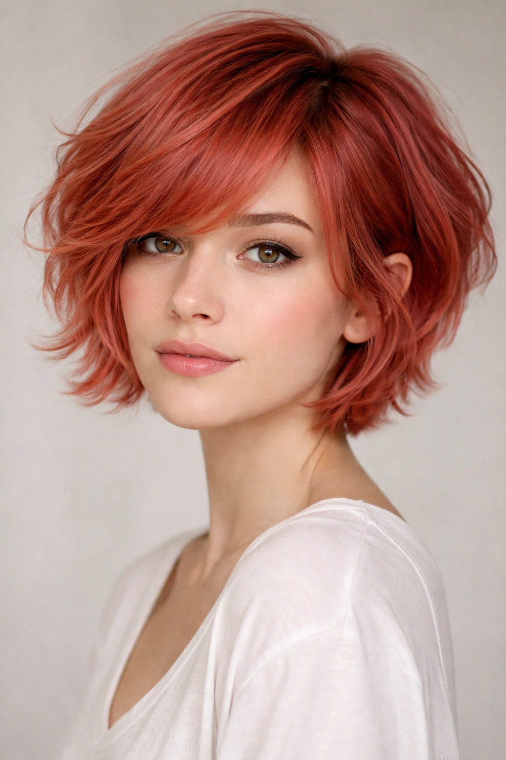 Close-up portrait of a person with coral-red soft wavy pixie-bob hair, chin-length front and short back