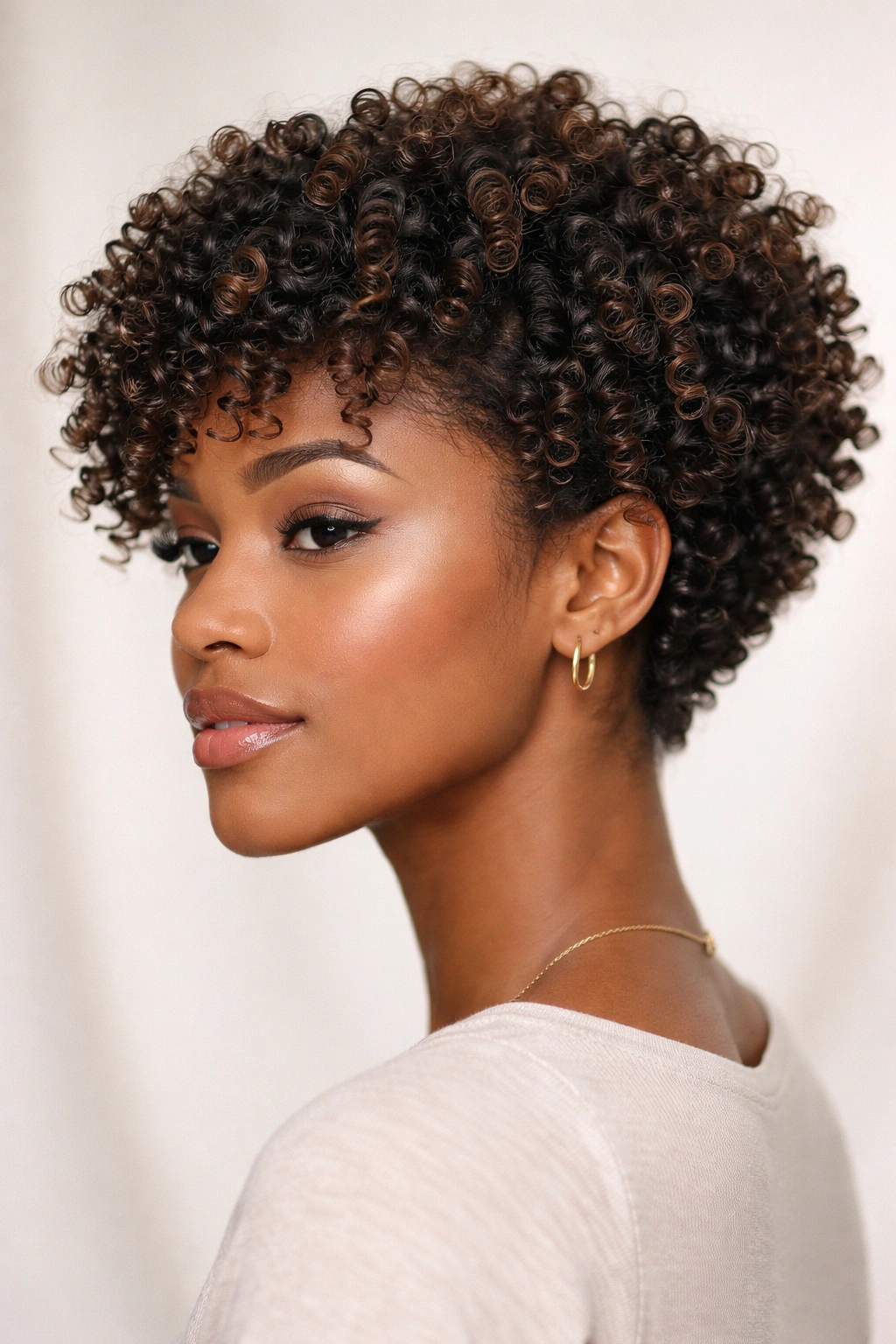 Close-up of tight corkscrew curls in a short, buoyant cut