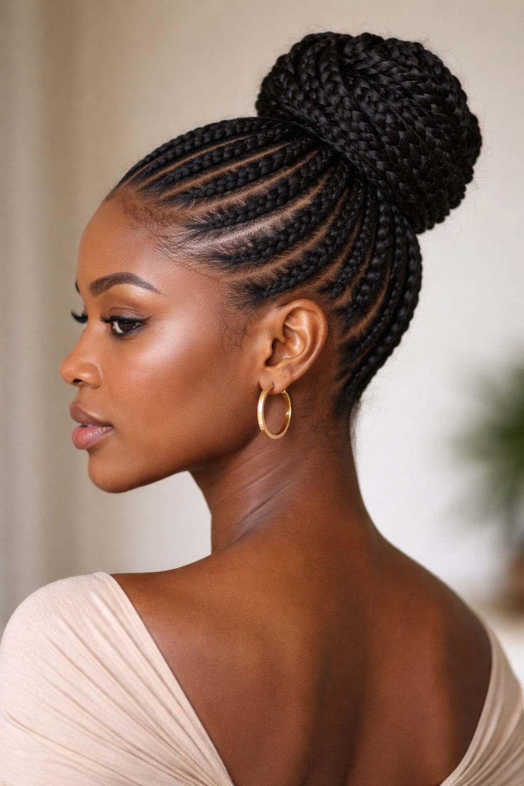 Cornrow bun updo with braids gathered into a bun.