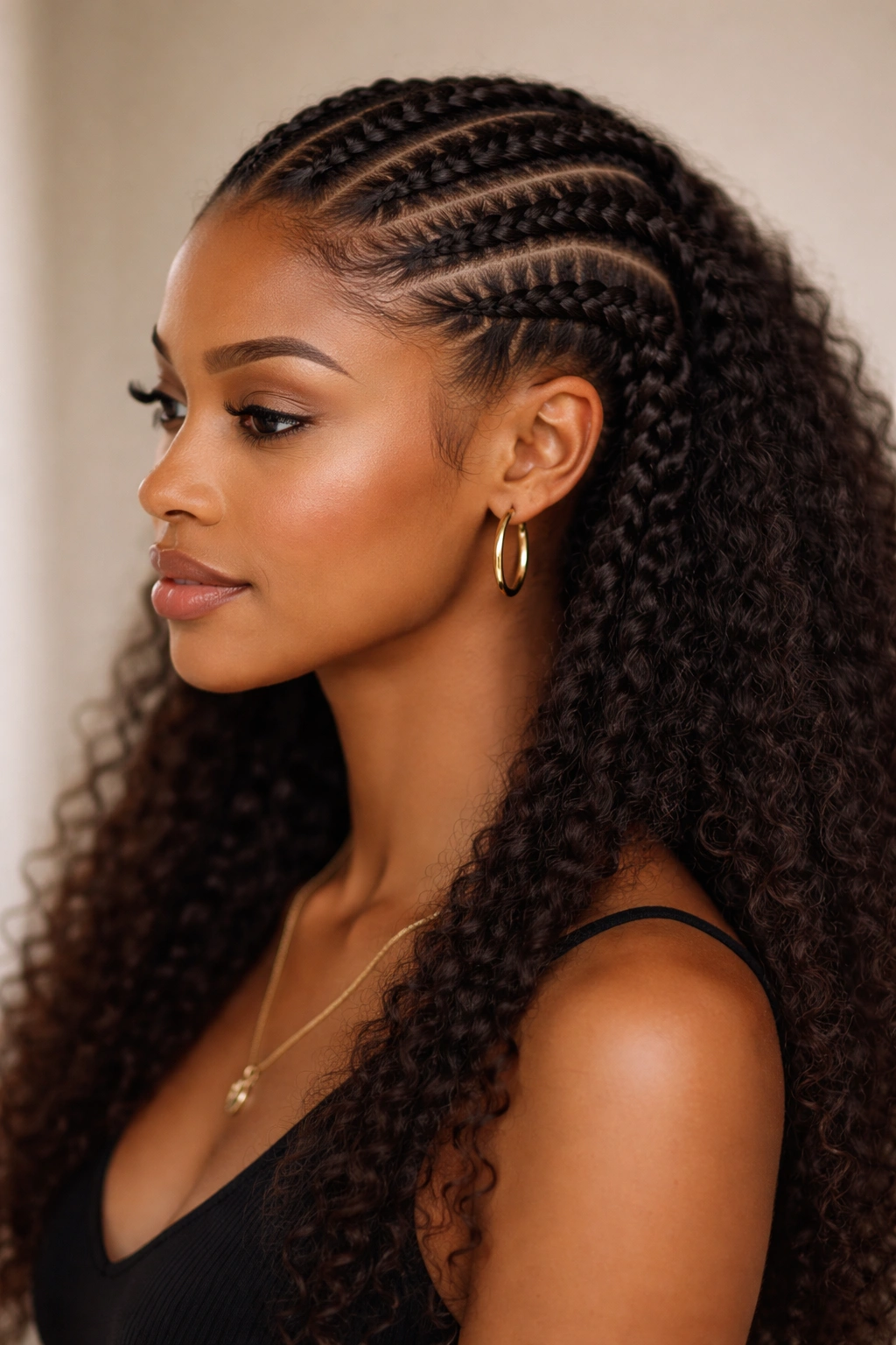 Cornrow crown formed by braids around the head with loose hair below