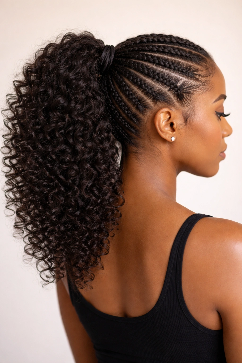 Cornrow braids into curly ponytail with defined texture