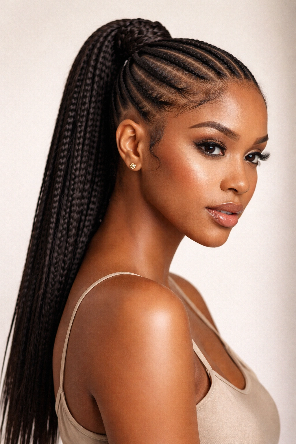 Editorial portrait of a model with a neat cornrow ponytail