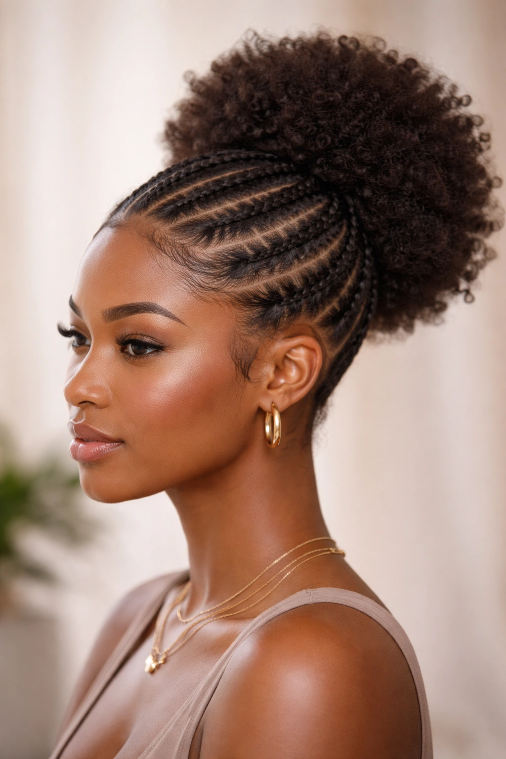 Cornrow-to-puff transition hairstyle with braids leading into a crown puff.