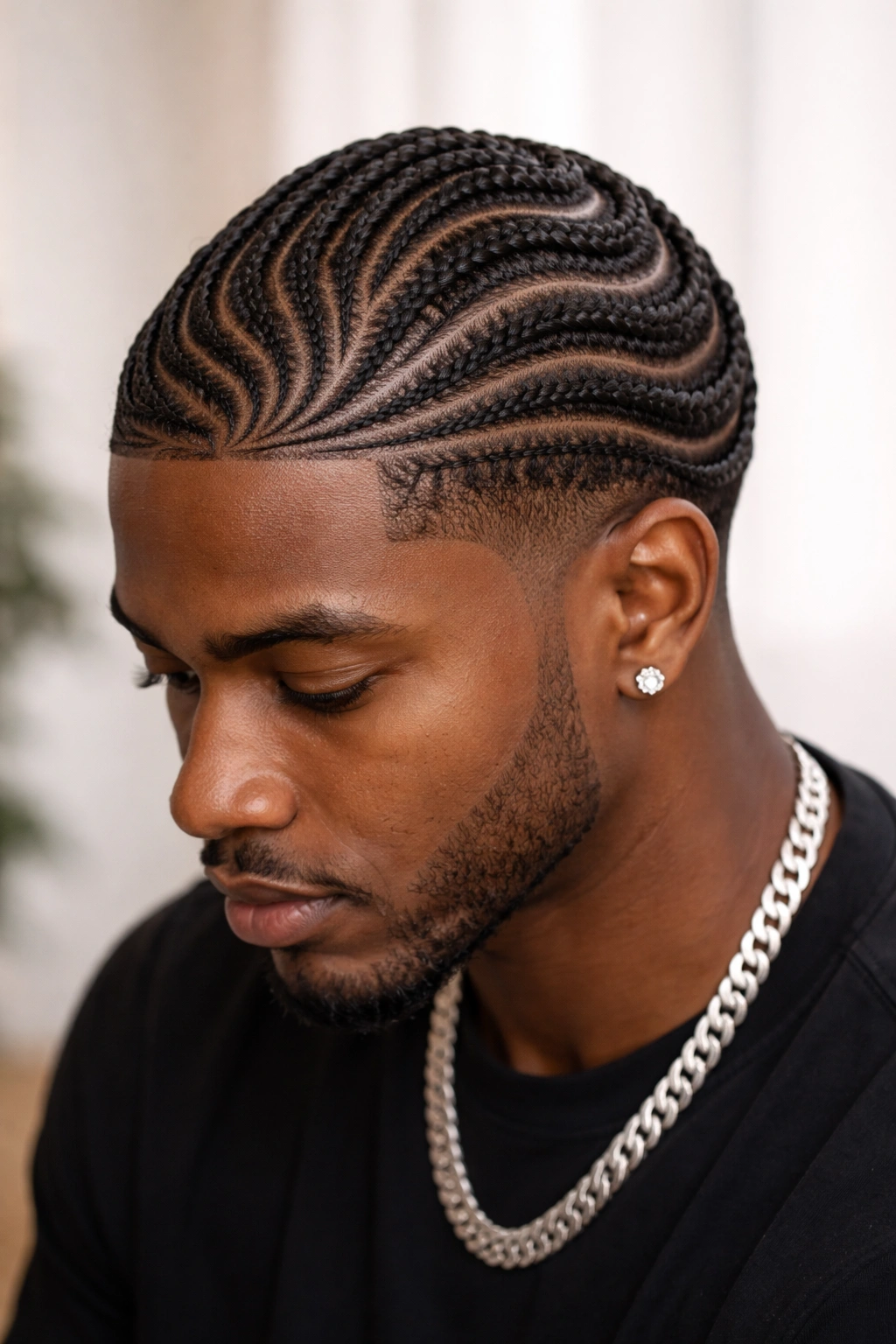 Close-up portrait of a Black person with cornrow waves pattern.