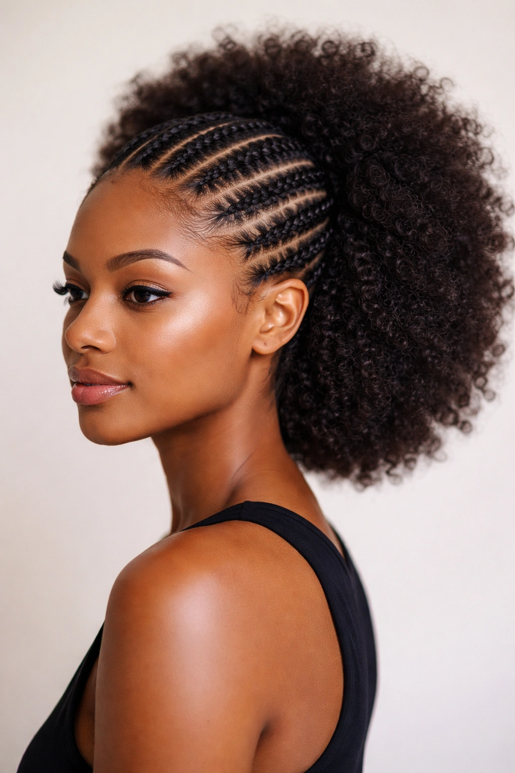 Cornrows braided close to scalp with a free afro at the ends