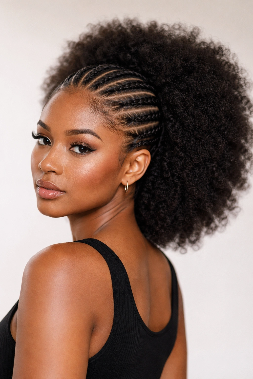 Cornrows running to crown with a full afro behind them.