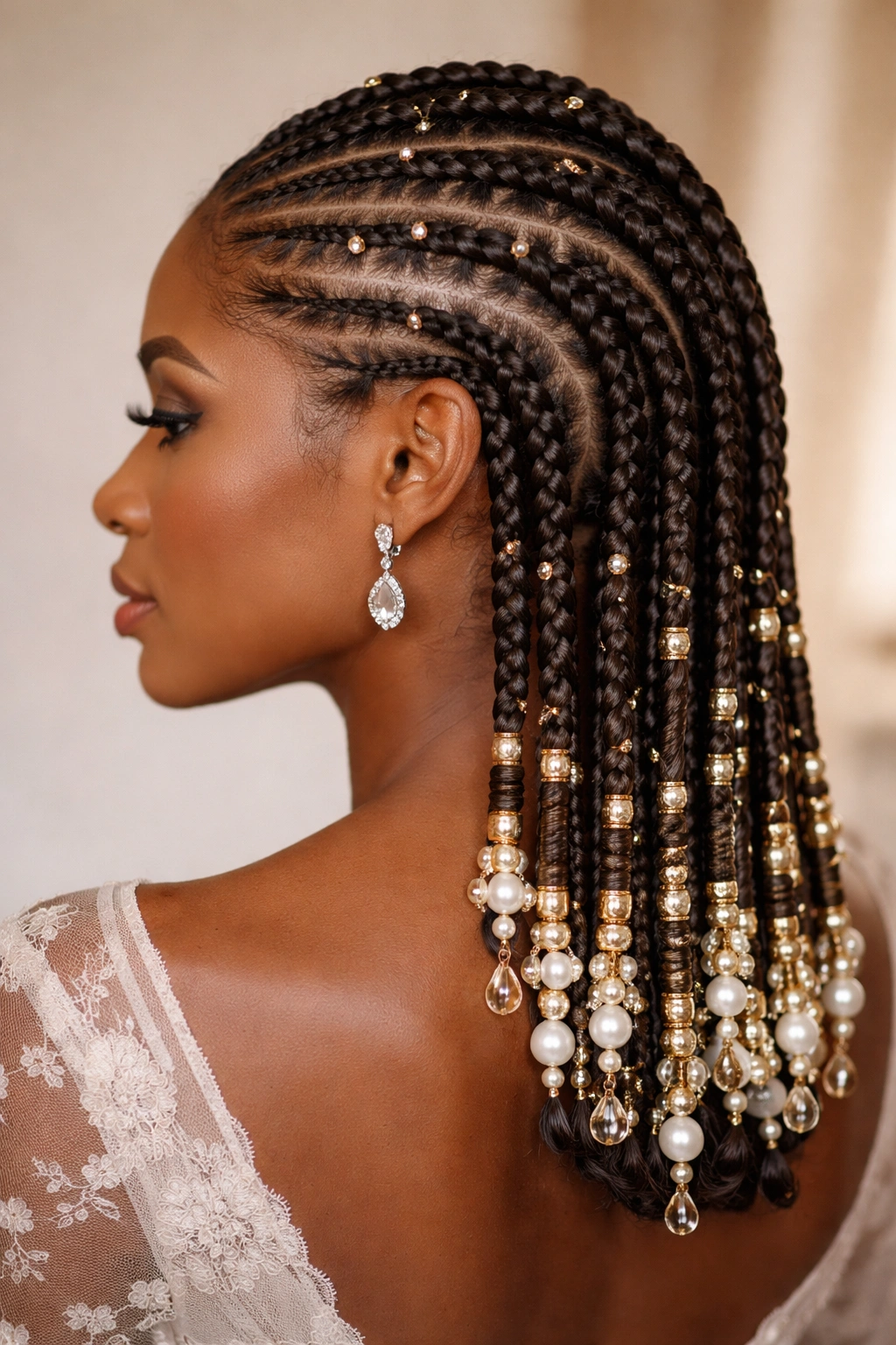 Close-up of intricate cornrows with beads at braid ends on a bridal hairstyle