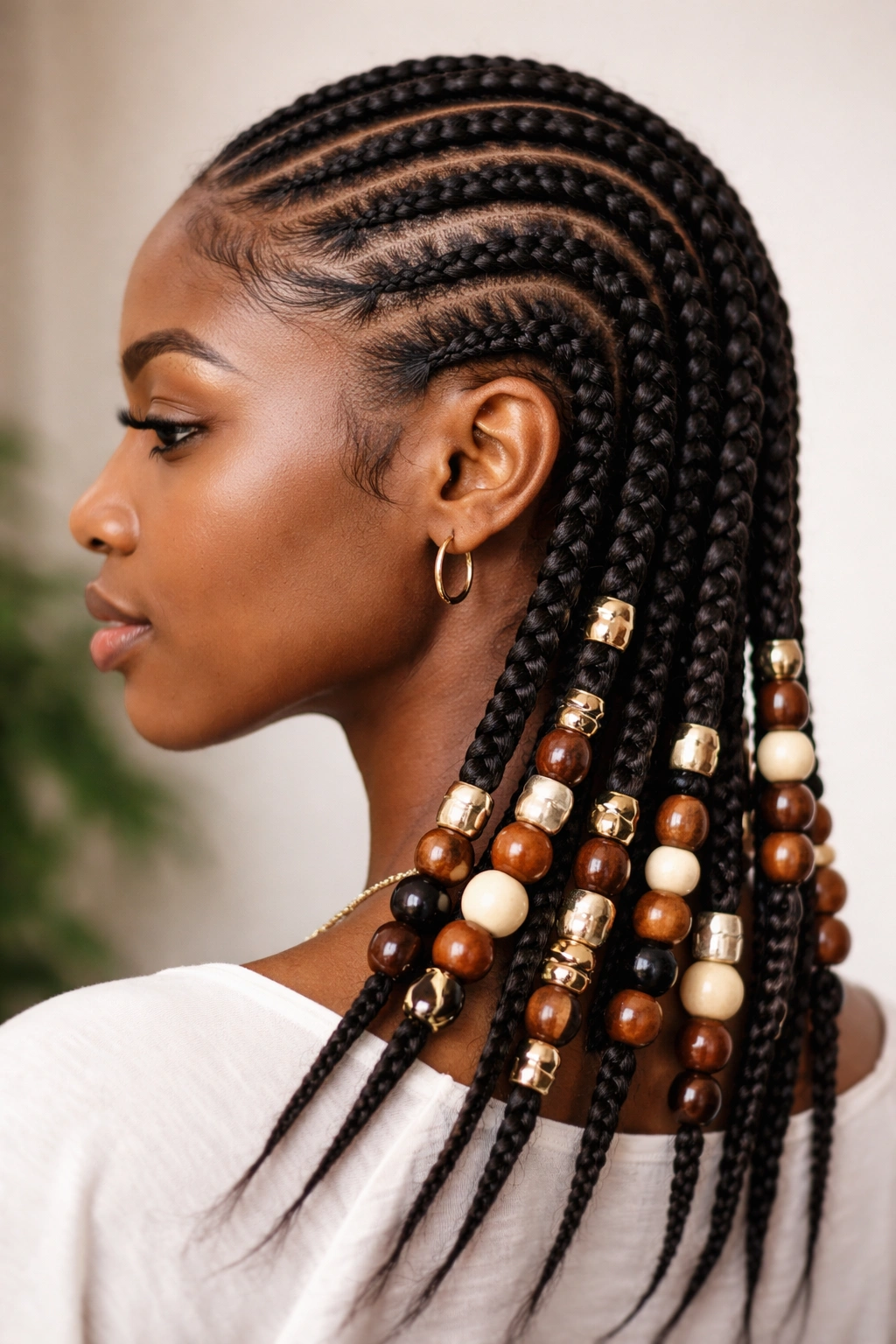 Beaded cornrows with decorative beads at braid ends