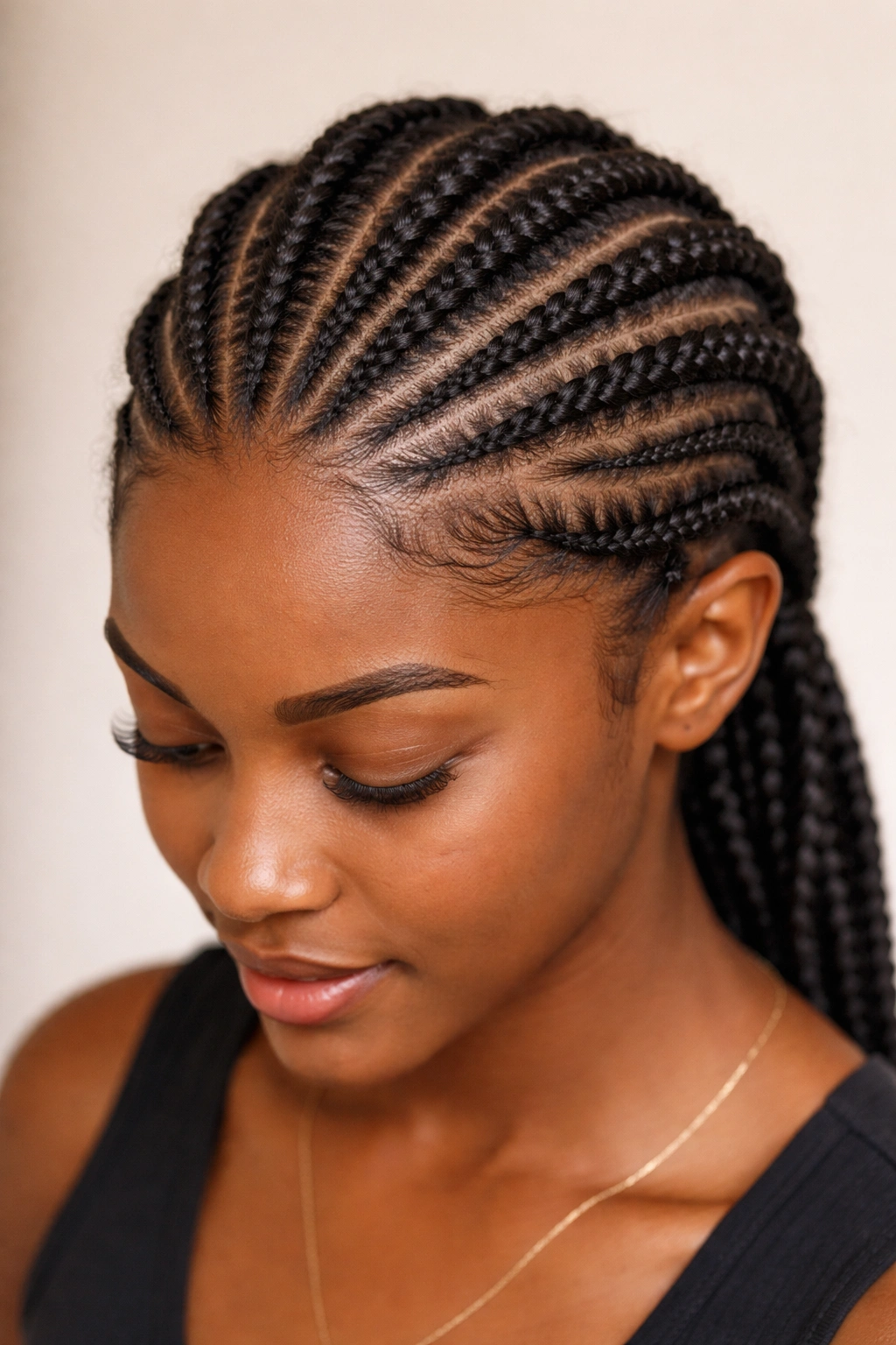 Close-up of neat cornrows on 4C hair