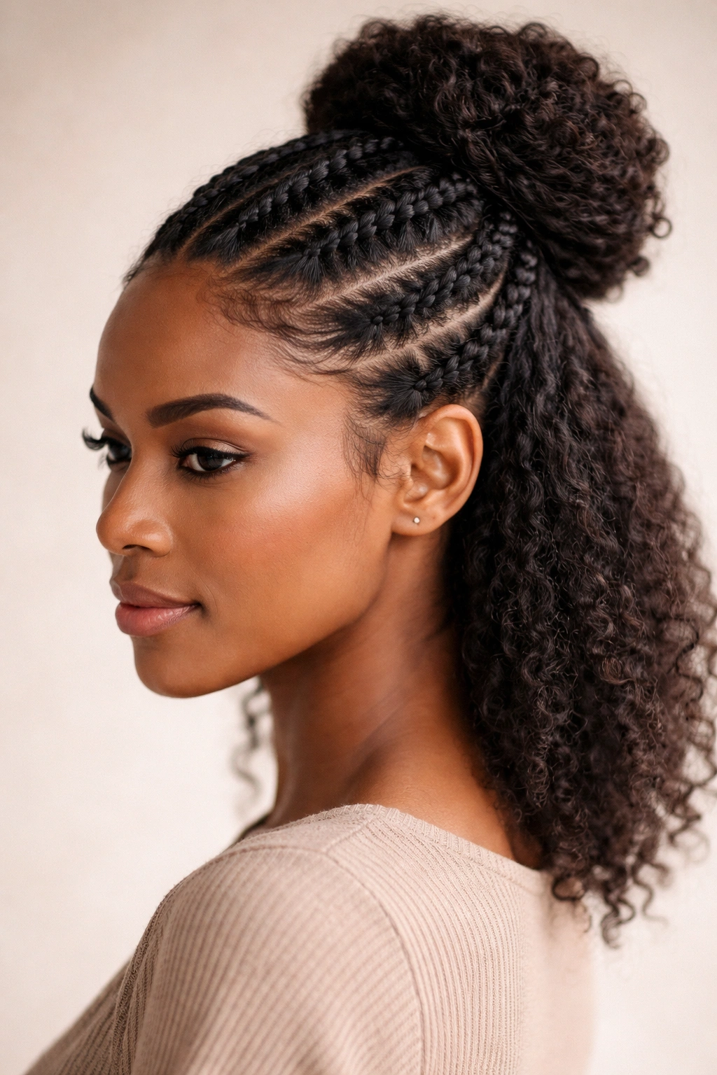 Half-up cornrows leading to a bun hairstyle