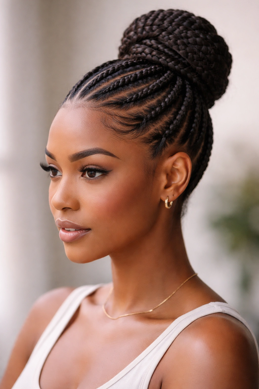 Cornrows leading into a top bun at the crown