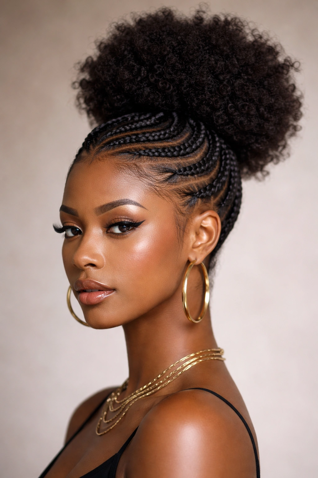 Close-up of cornrows spiraling around a high afro puff