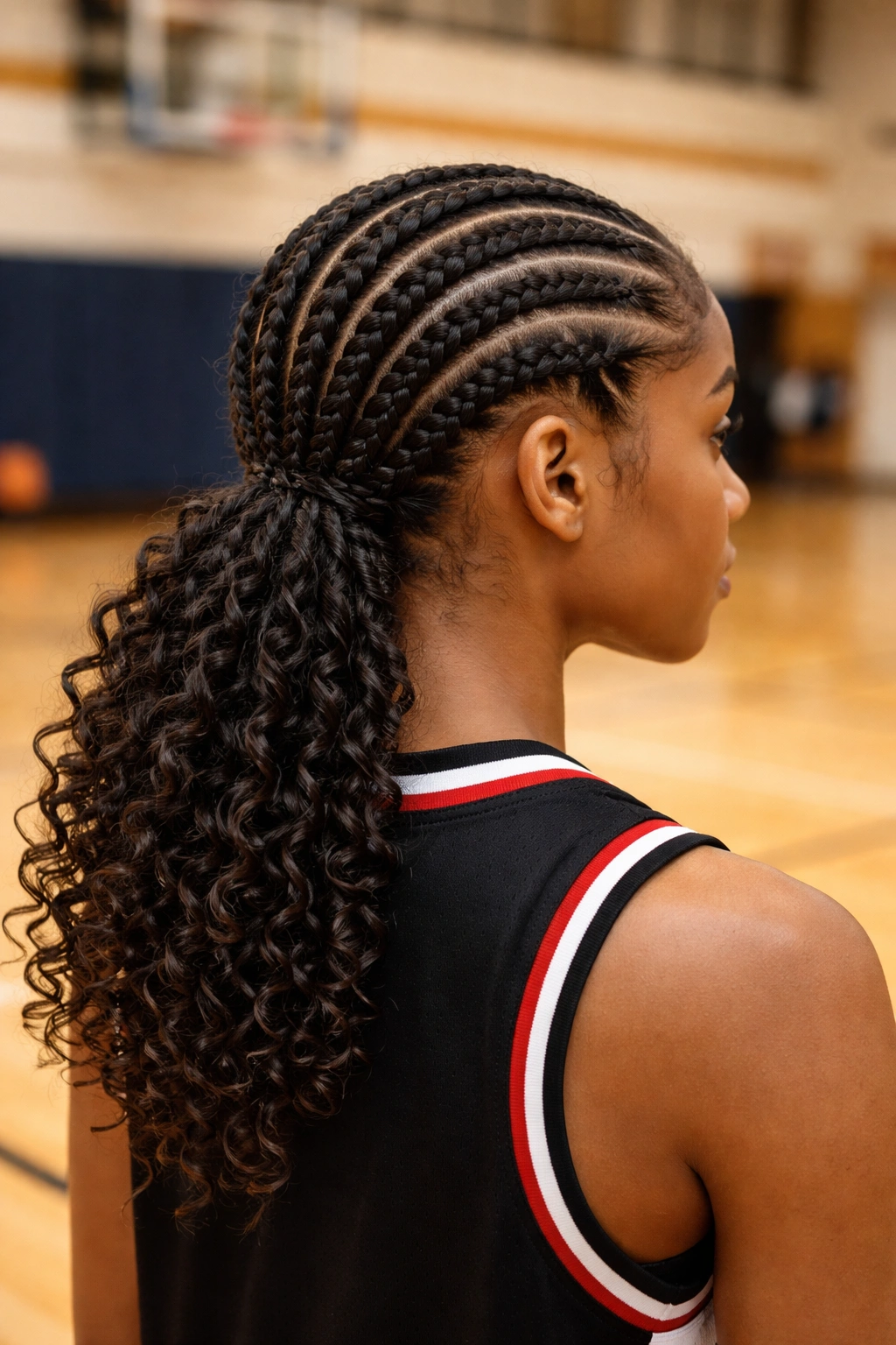 Back view of cornrows with curled ends on a basketball player