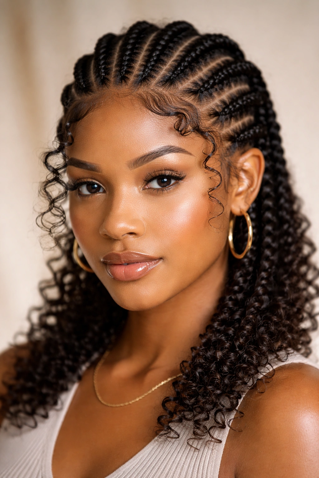 Cornrows with curly edges showing tight braids and loose curly edges at the hairline
