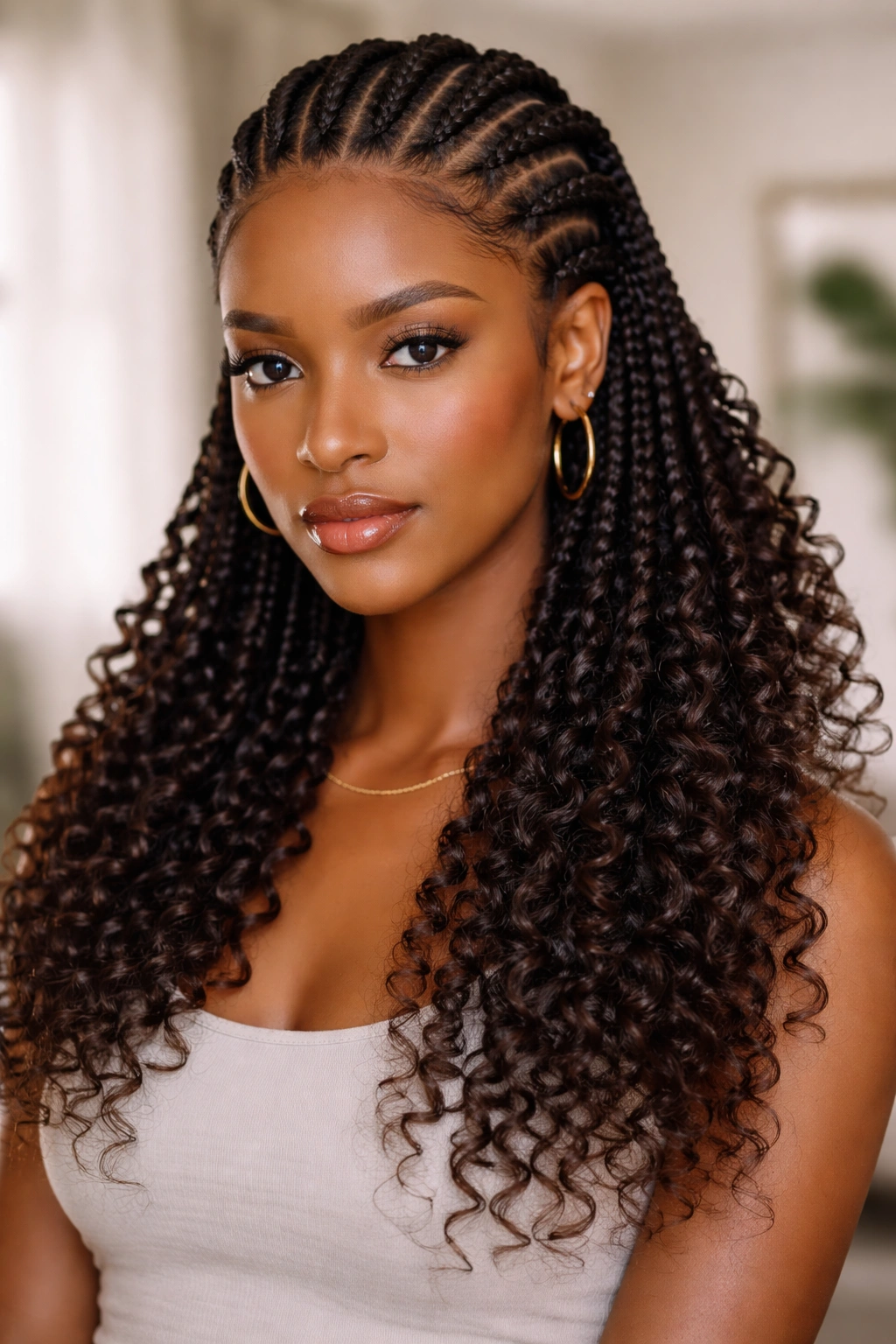 Front-facing view of cornrows with curly ends.