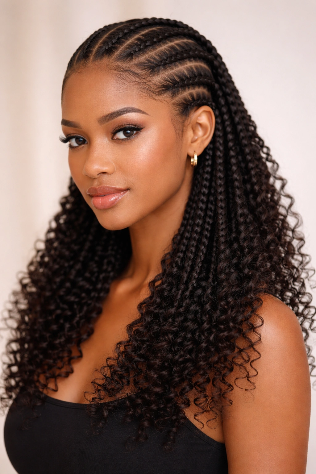 Head displaying cornrows that transition into curly ends on any hair length