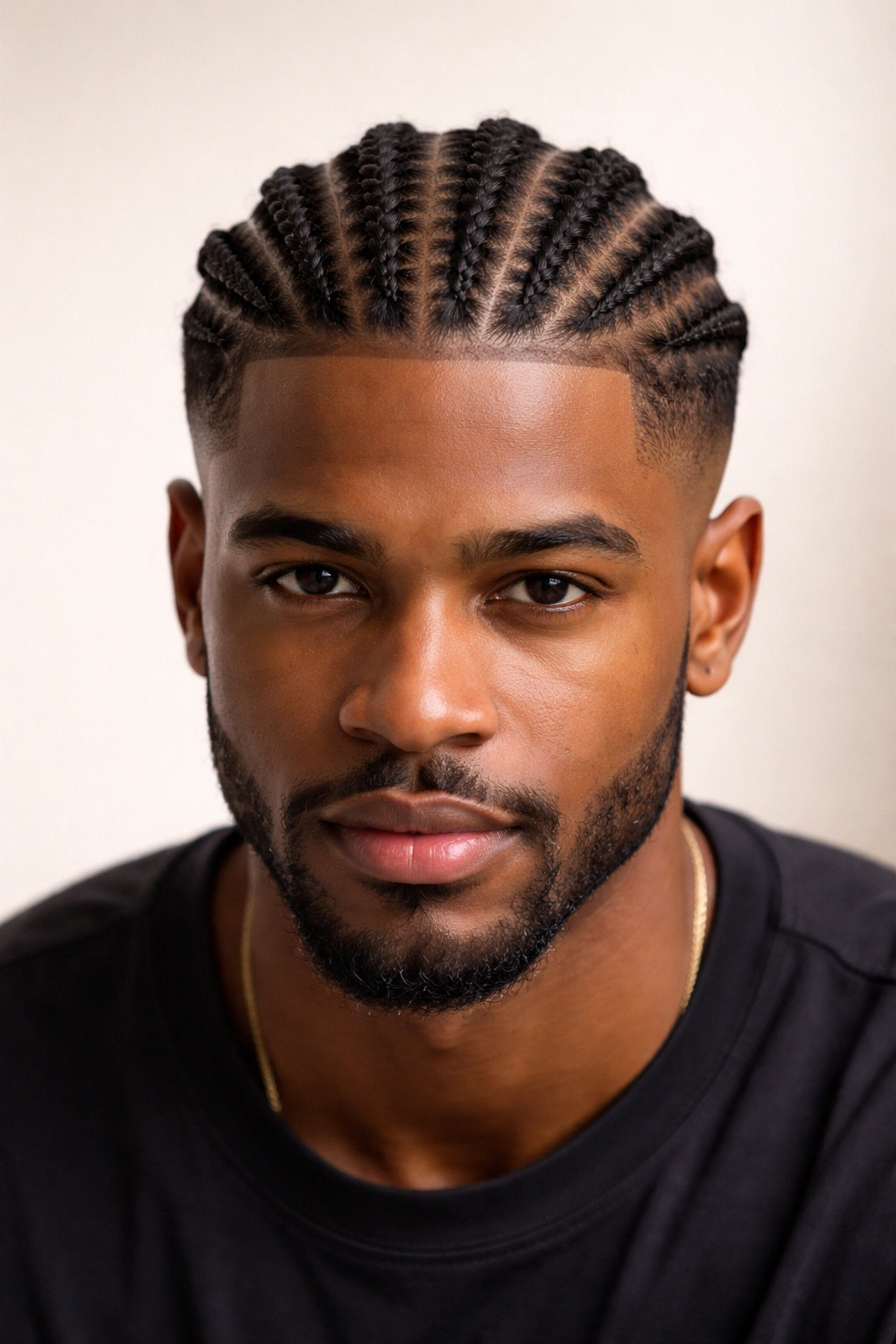 Head-on view of cornrows with a fade, showcasing scalp patterns.