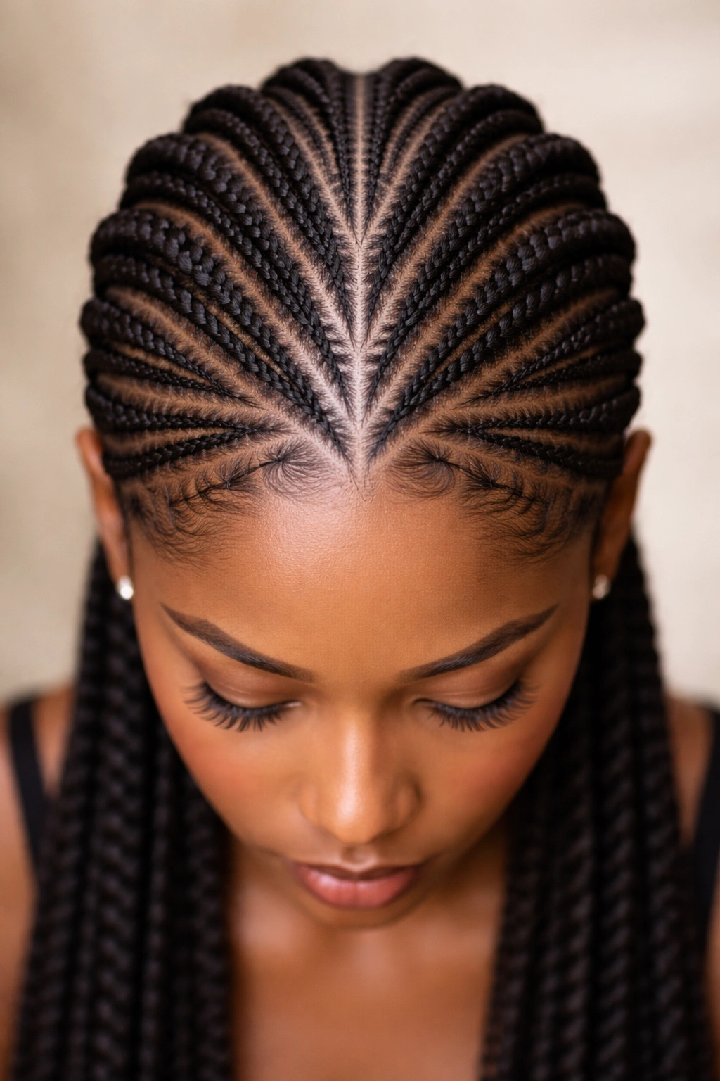 Close-up of geometric cornrow patterns along the scalp