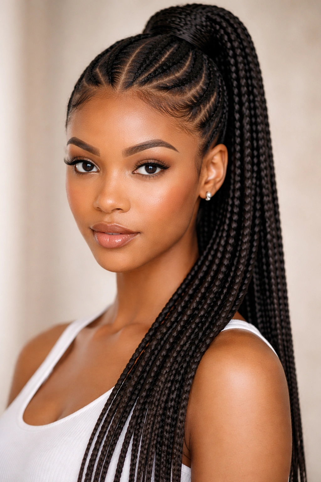 Close-up portrait of center-parted cornrows feeding into a high ponytail